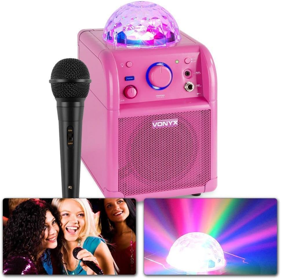 Karaoke Machine Microphone Bluetooth Portable Party Speaker Pink LED Light Kids SBS50P