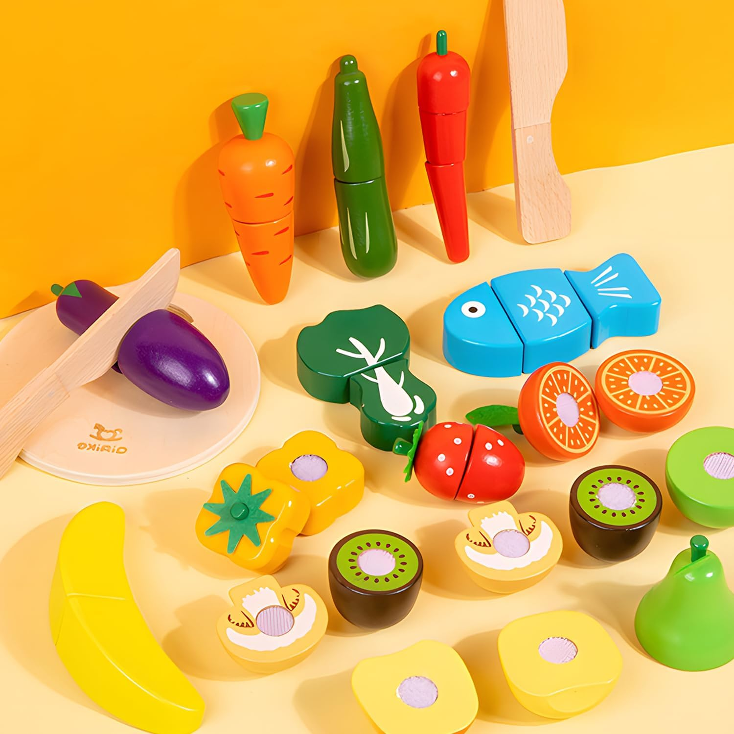 Wooden Play Food for Kids Play Food Kitchen Cutting Fruits Toys for Toddlers Pretend Vegetables Gift For3- 7 Years Old Boys & Girls Educational Toys
