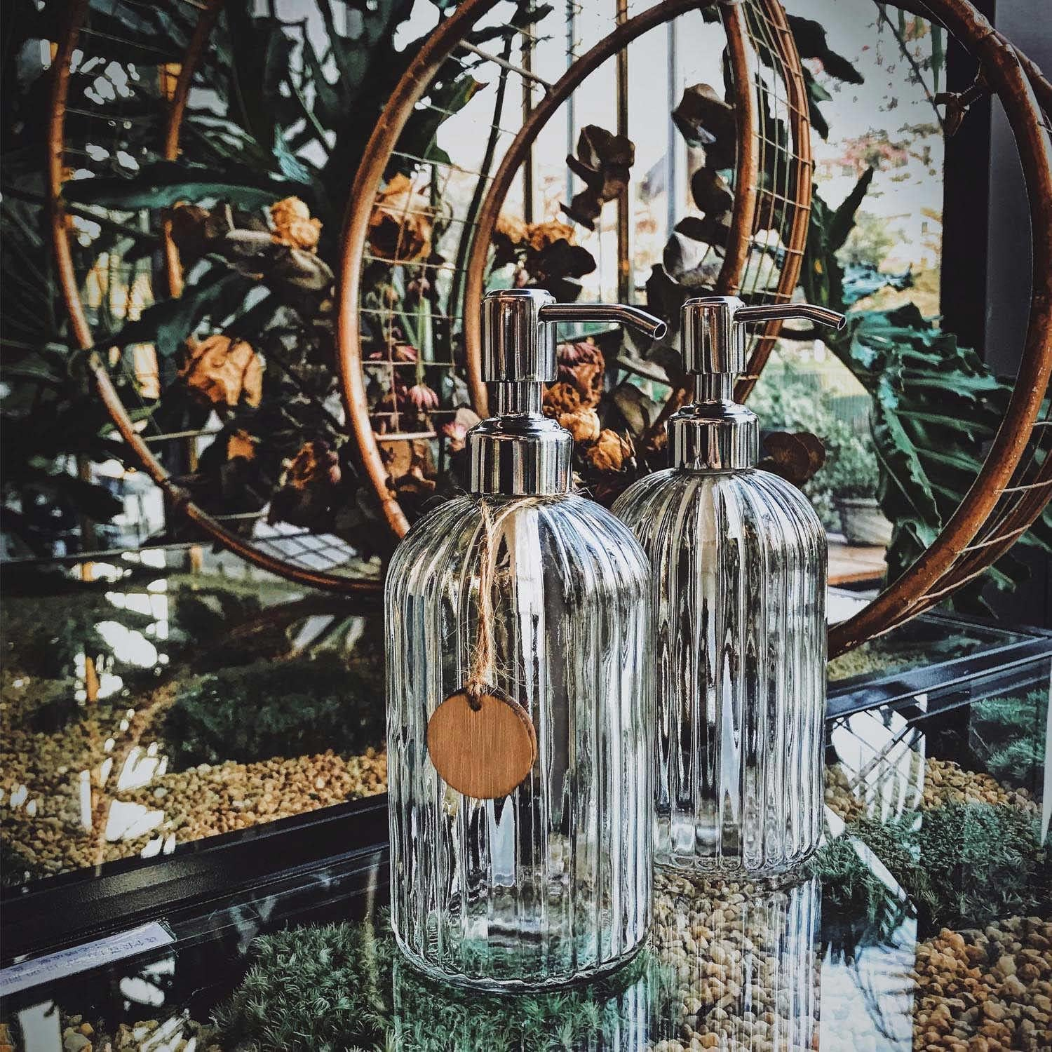 JASAI 2PACK 18 Oz Glass Soap Dispenser with Rust Proof Stainless Steel Pump, Refillable Hand Soap Dispenser with Vertical Stripe, Premium Bathroom Soap Dispenser for Kitchen & Bathroom image number 2