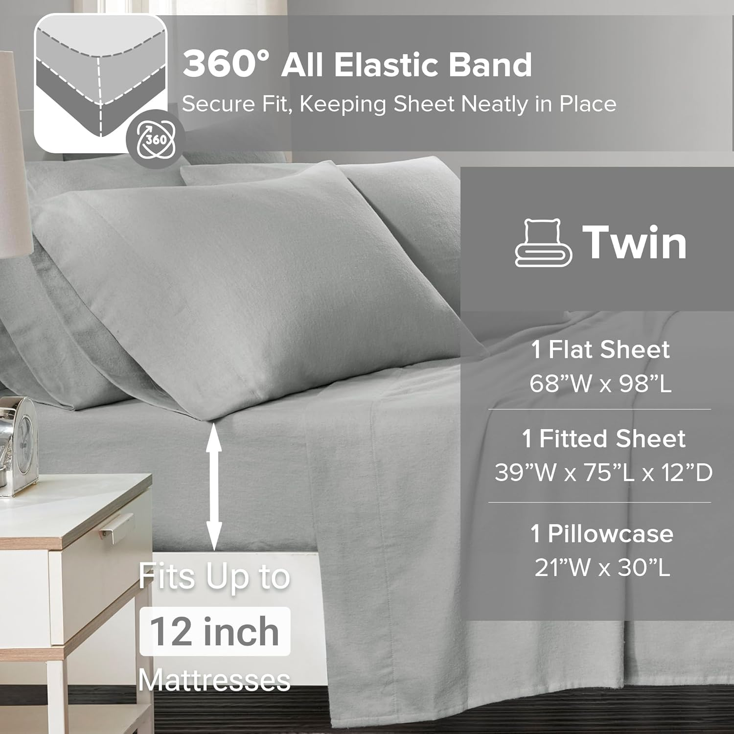 Comfort Spaces Cotton Flannel Breathable Warm Deep Pocket Sheets with Pillow Case Bedding, Twin, Solid Grey, 3 Piece - Solid Blue image number 2