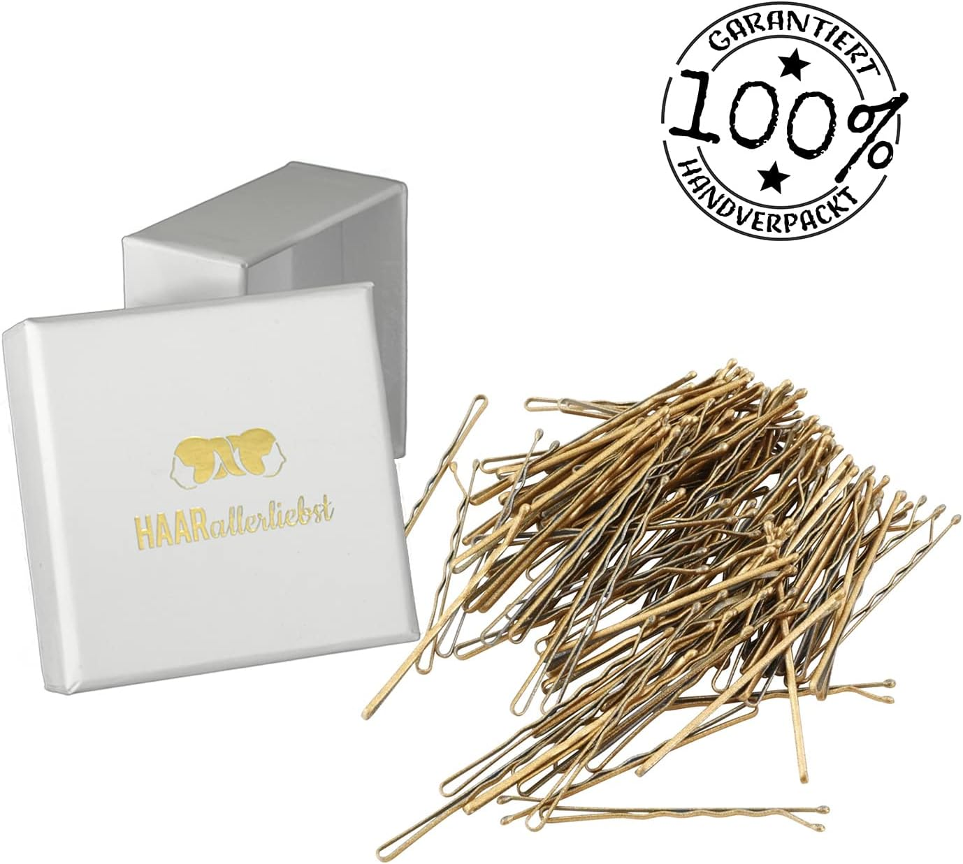 Haarallerliebst Hair Clips (100 Pieces | Gold Glittering | 5 Cm) with Box for Storage (Box Colour: White)