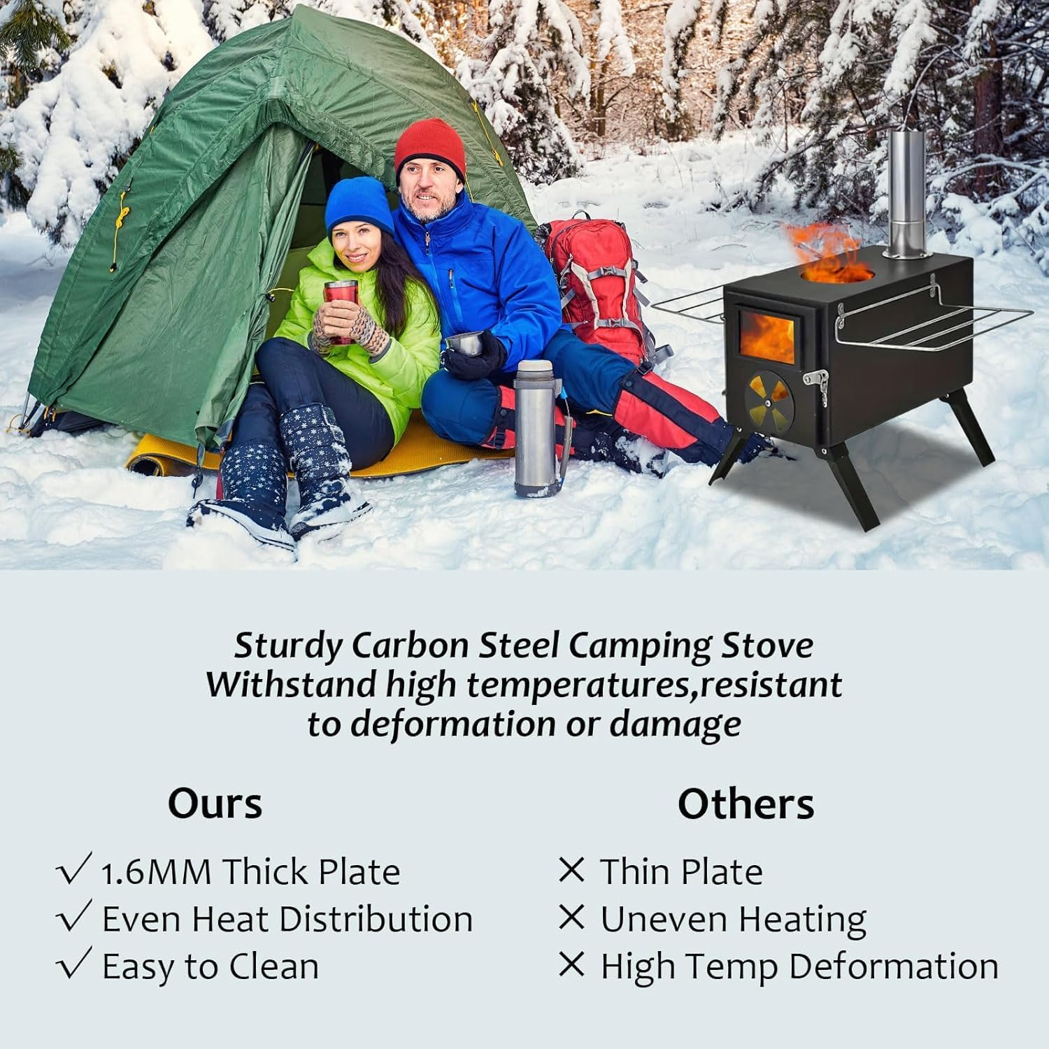 Ruaizel Portable Carbon Steel Firewood Stove, Camping Wood Stove with Chimney Pipes, Foldable Camping Stove, Hot Tent Stove for Cooking Heating Drying Clothes image number 3