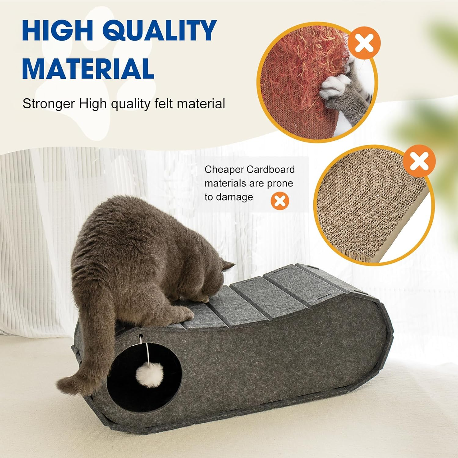 Cat Scratching Board Lounge Bed, Felt Material Cat Scratching House with Cat Ball Fetch Toy for Indoor Cats, Durable Cat Scratching Box, Reversible Cat House Scratches, Easy to Sweep image number 3