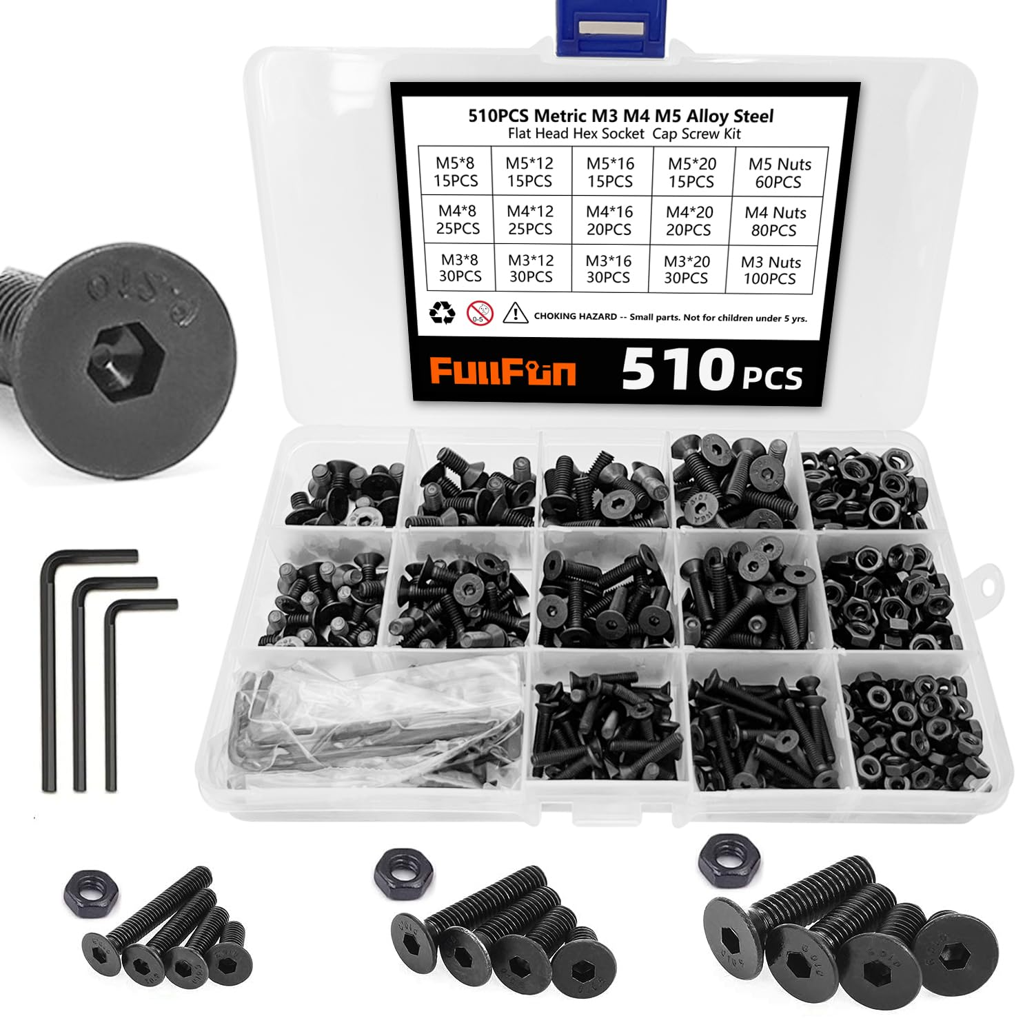 Fullfun 510PCS M3 M4 M5 Hex Socket Flat Head Screw Bolts Nuts Assortment Kit, Alloy Steel Metric Screws with 3PCS Allen Wrenches, Allen Socket Hex Drive Black Machine Screws Set image number 2