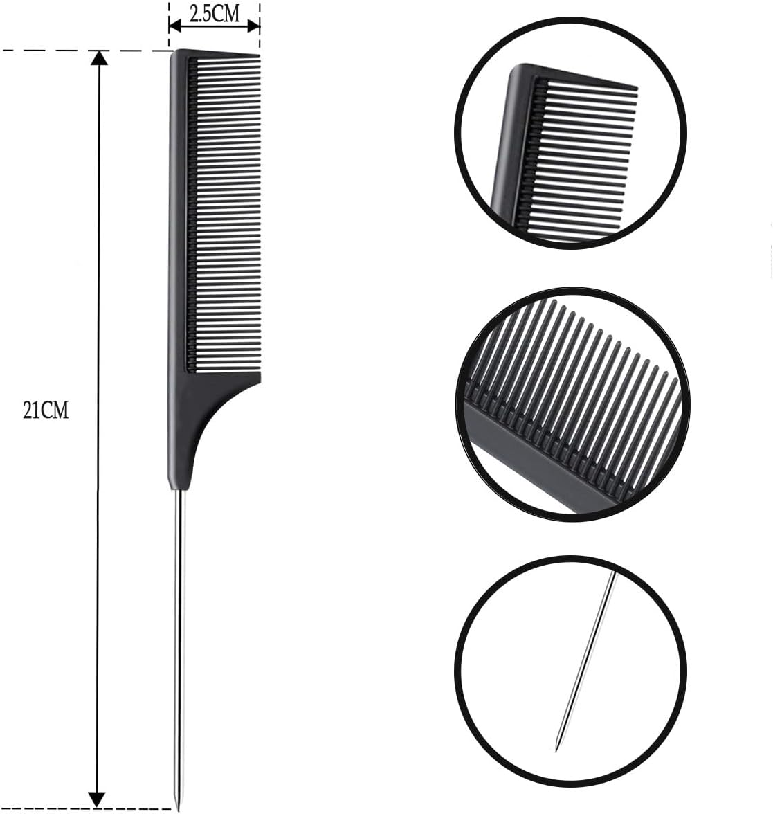 DAZISEN 3 Pieces Hair Comb - Anti-Static Tail Combs Fine Tooth Combs Salon Barber Hairdressing Comb with Stainless Steel Handle for Women and Men - (Black+Pink+White) *3 image number 6