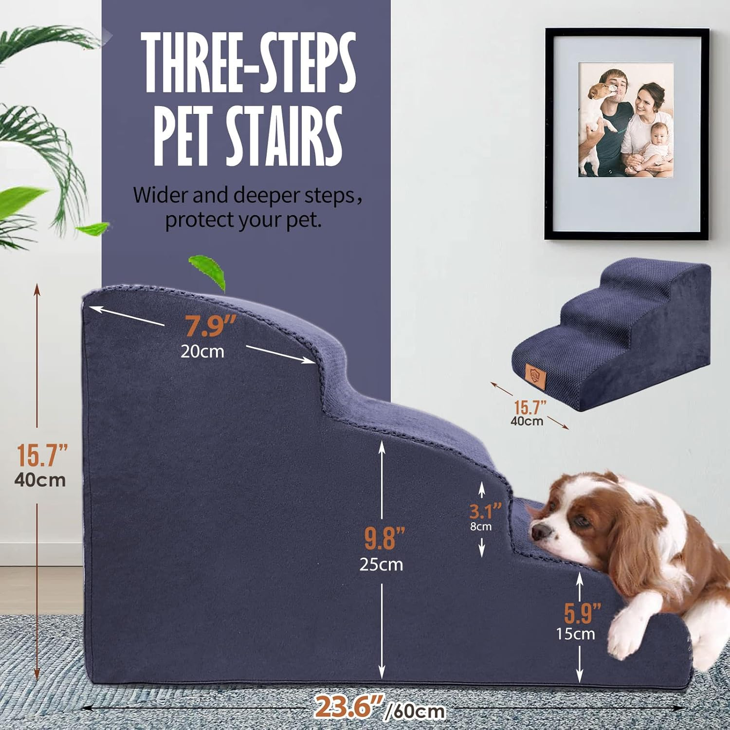 Kphico High Density Foam Pet Steps 3 Tiers, Non-Slip Stairs, Extra Wide Deep Ramp, Soft Ladder for Dogs and Cats - Best for Injured, Older Pets with Joint Pain - Includes Pet Hair Remover Roller