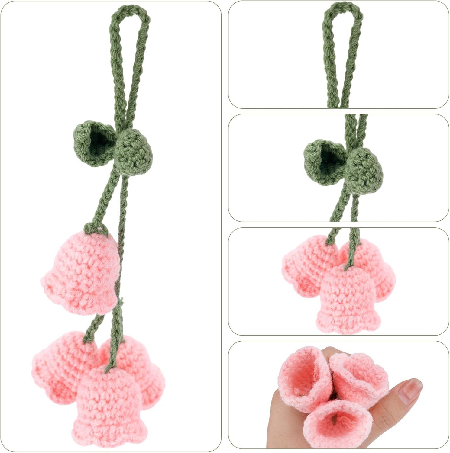 2Pcs Crochet Lily of the Valley Car Accessories, Cute Floral Rear View Mirror Hanging Decor Knitted Pendant for Women Perfect for Personalizing Your Car Interior (Pink) image number 2