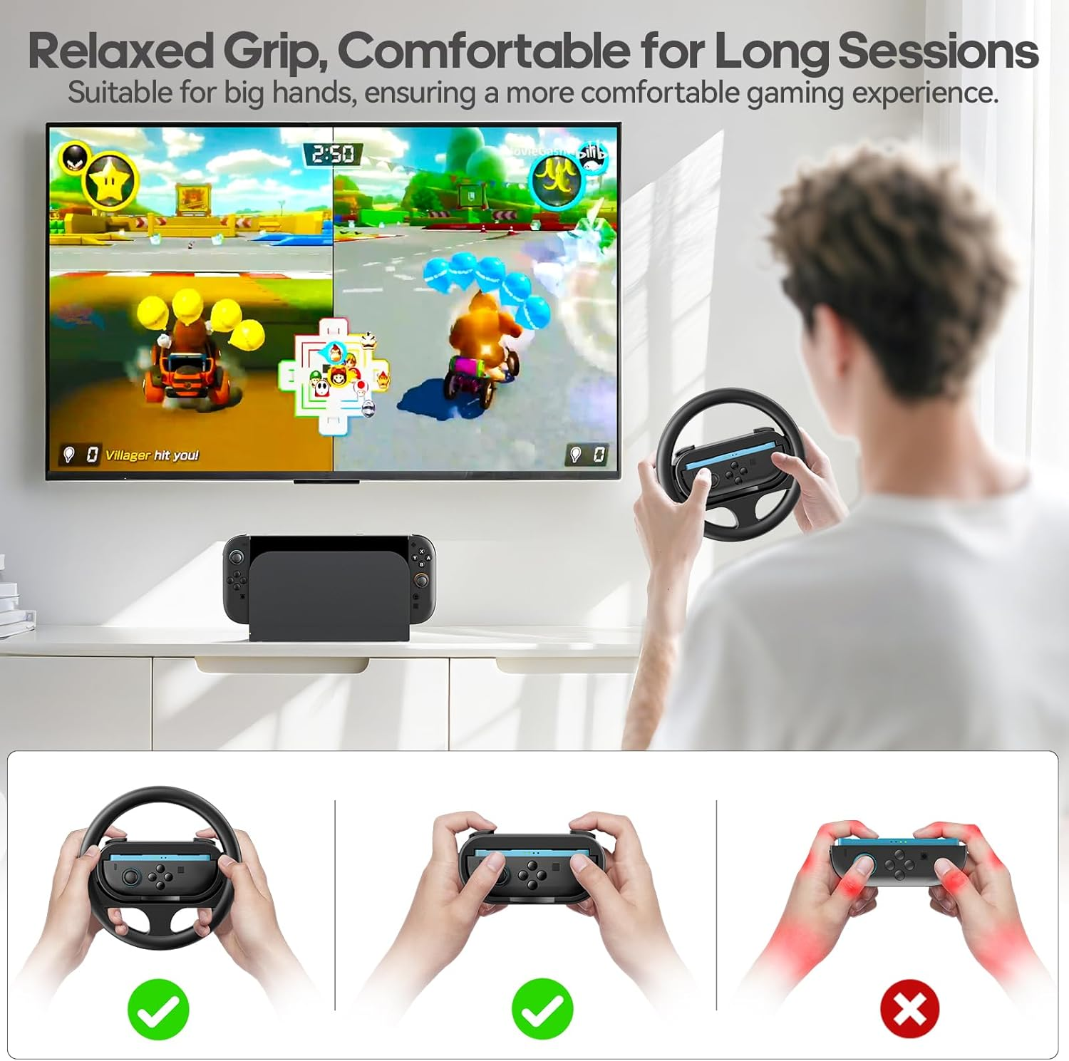 Rysker Steering Wheel & Grip Compatible with Nintendo Switch 2 Joycon, Joycon 2 Racing Wheel with Detachable Controller Grip for Mario Kart World 8 Deluxe, Switch Attachment Accessories, 2 Packs Black image number 1