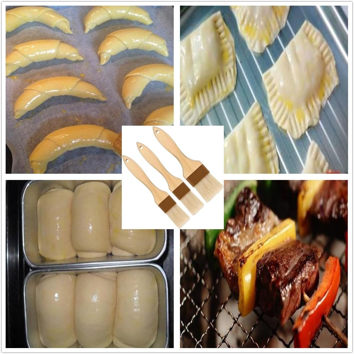 3Pcs Natural Boar Bristle Brushes,Pastry Basting Brushes,For Barbecue,Outdoor Dining,Brush with Oil/Butter/Sauces/Marinades,Clearing the Dust(1Pcs 2 Inch,2Pcs 1Inch)