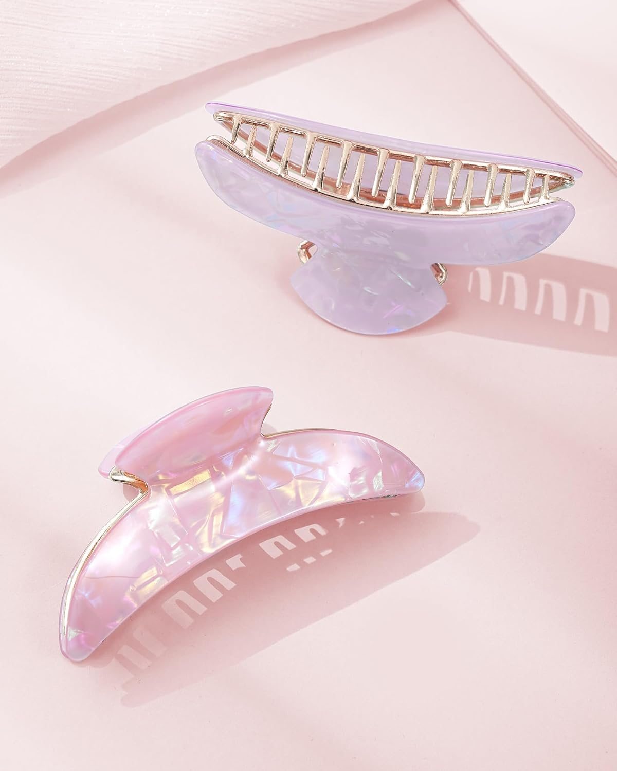 Kajeer Pack of 2 Hair Clips, Acrylic Metal Hair Clip for Women, Firm Hold Non-Slip Hair Clip, Crescent Moon Shape Hair Clips for Fine & Thick Hair (Iridescent Purple & Pearl Pink) image number 3