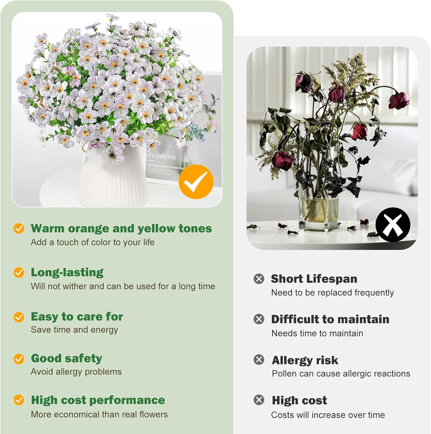 6Pcs Daisy Artificial Flowers Fake Fall Flowers Eucalyptus Plants No Fade Fake Plastic Flowers Faux Autumn Plant for Xmas Decor Indoor Outdoor outside Garden Porch Window Box Home Wedding (White)