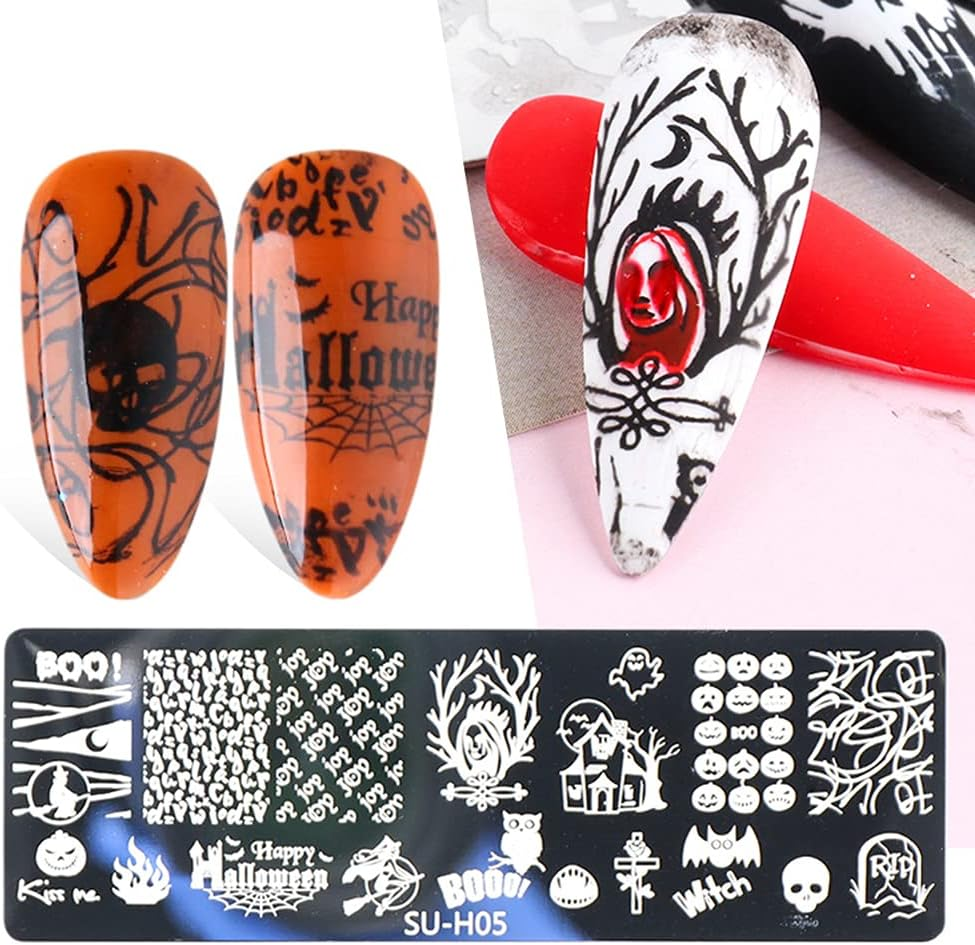 Halloween Nail Art Stamping Plates, 6 PCS Halloween Nail Stamper Kit Horror Ghost Skull Pumpkin Spider Witch Nail Art Stencils Plates Halloween Holiday Party Manicure Template Design Tool image number 2