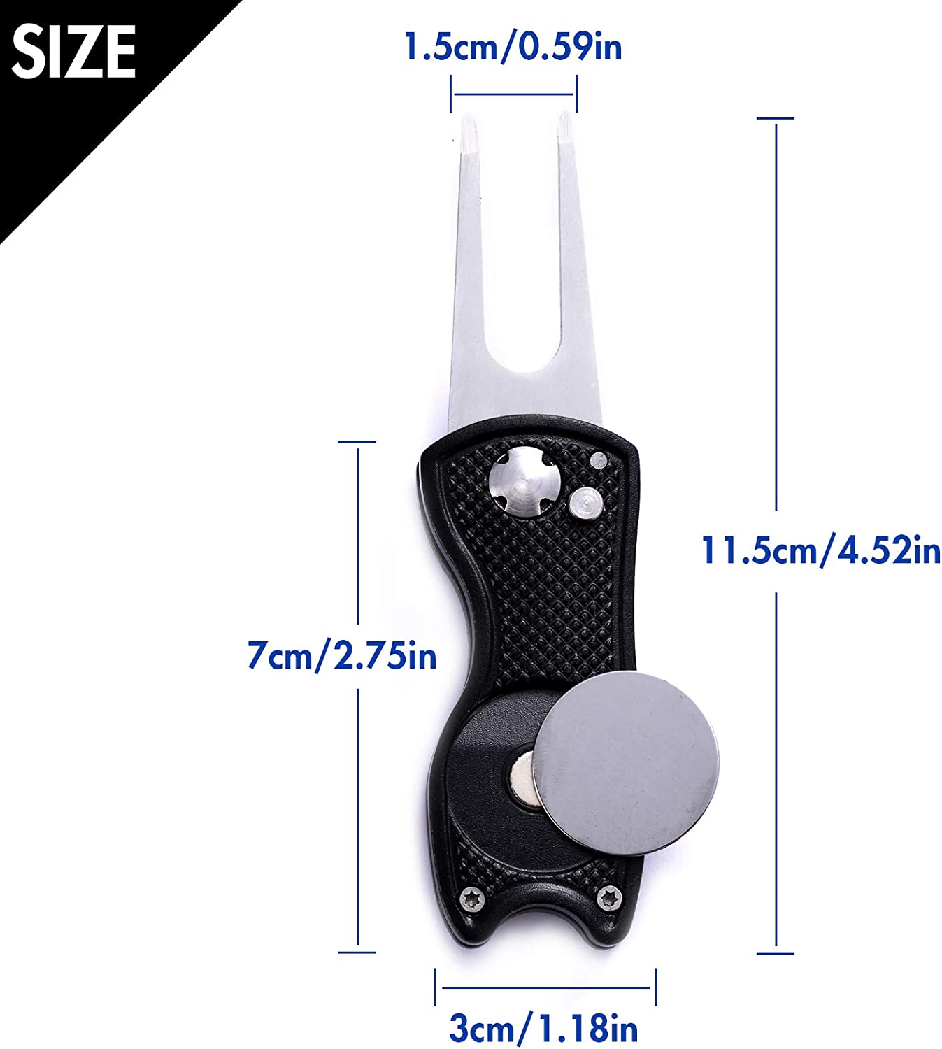 2 Pack Metal Foldable Golf Divot Tool with Pop-Up Button & Magnetic Ball Marker (Pack of 2, Fish Design) - Black  Silver image number 6