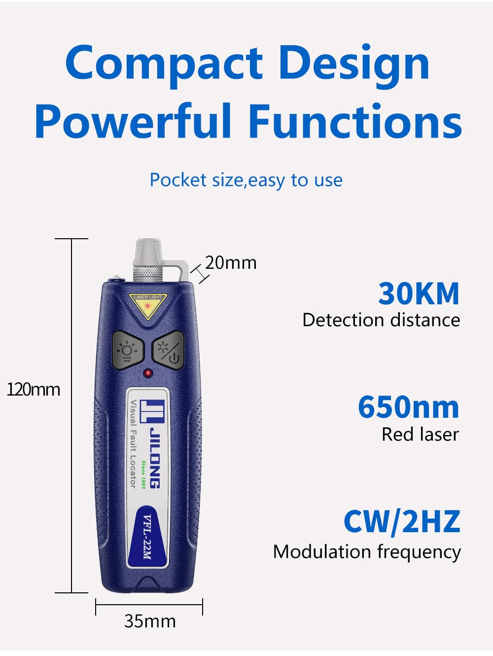 30 KM JILONG VFL-22M Mini Pocket Visual Fault Locator, Fiber Optic Cable Tester Vfl10Mw 20Mw 30Mw,Led Light (VFL-22M-G-30) image number 5