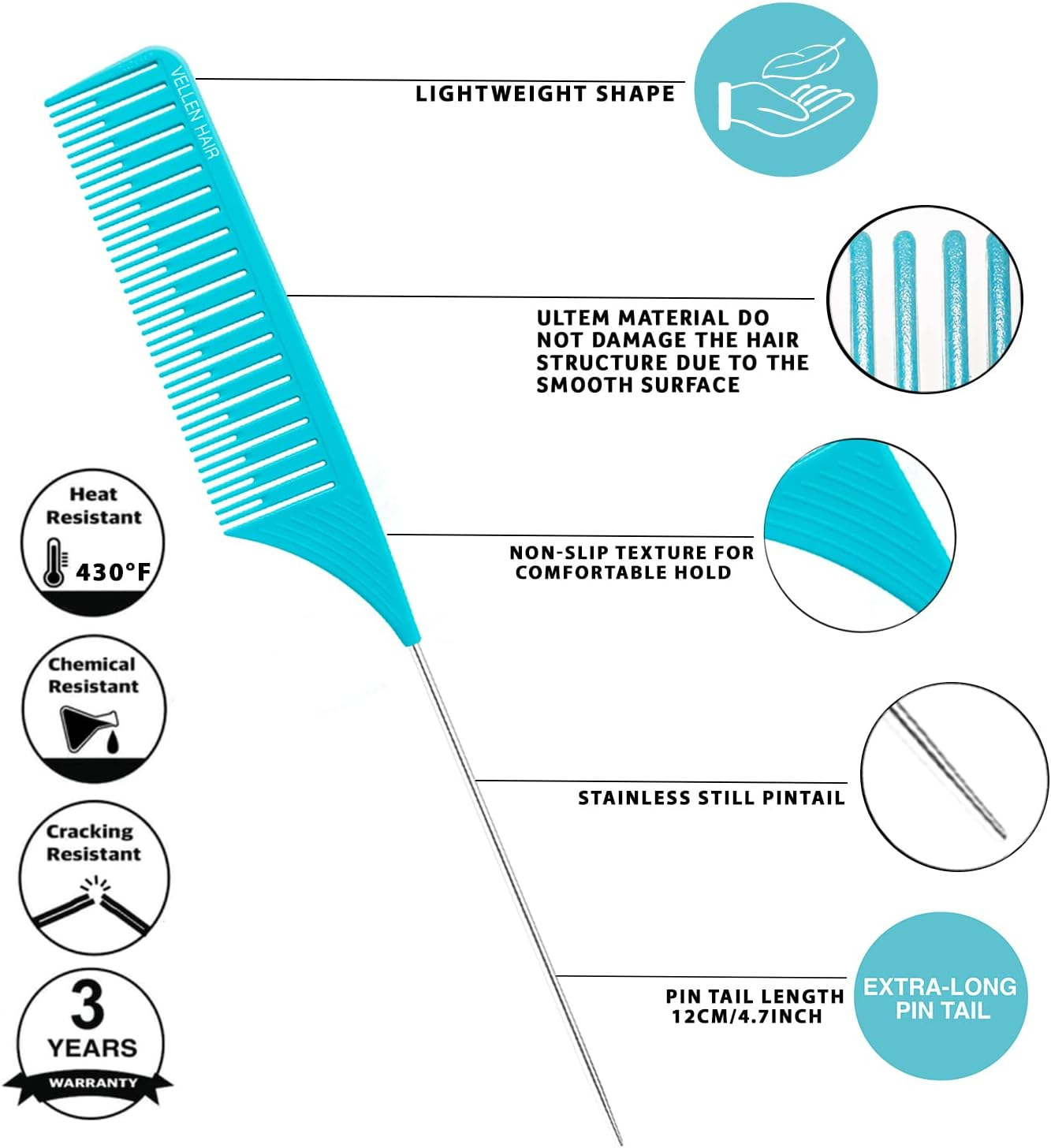 Vellen Professional Hair Highlighting Comb Set &ndash; 5 Sizes for Balayage & Foiling &ndash; Heat Resistant PEI Plastic (220&deg;C) &ndash; Anti-Static, Durable, Chemical Resistant &ndash; Includes Extra Long Stainless Steel Needle &ndash; Stylist & Salon Grade (Mint/Blue, 5Pcs) - Black image number 7