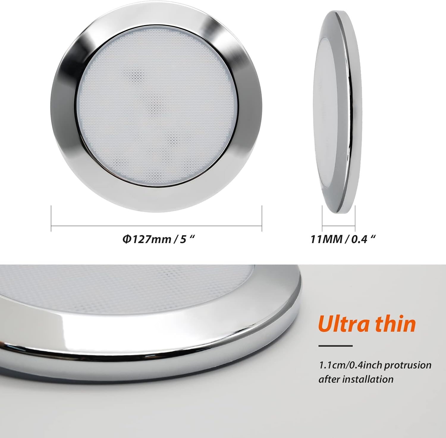 Dream Lighting 12V LED Caravan Ceiling Lights 5Inch RV Campervan Motorhome Interior Dome Cabin Lamp Cool White Chromed Shell