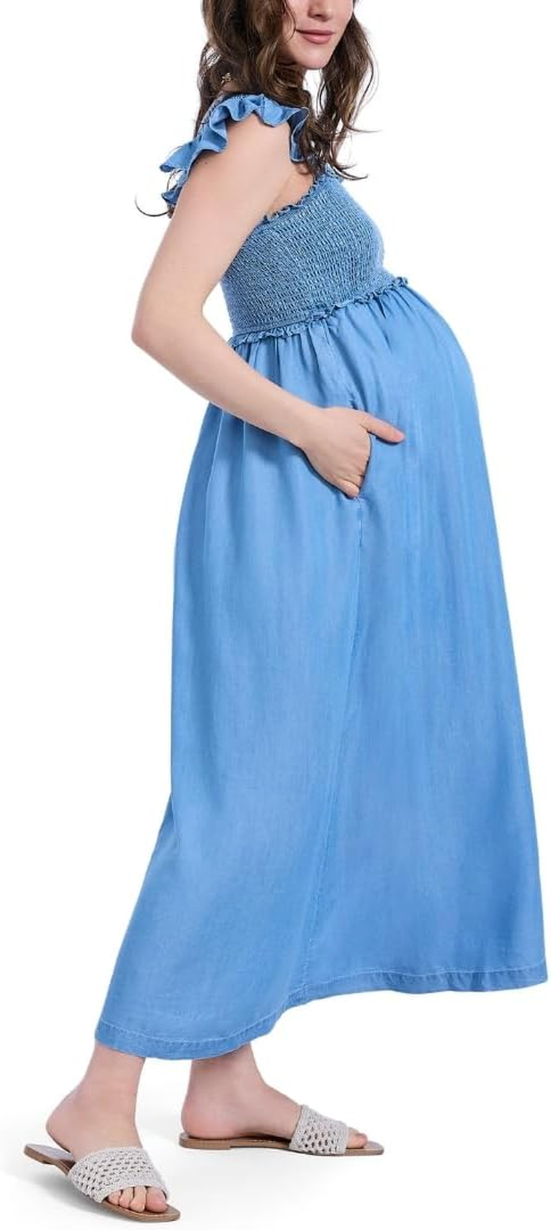 Motherhood Maternity Women'S Sleeveless Ruffle Shoulder Smocked Maxi Pregnancy Dress image number 1