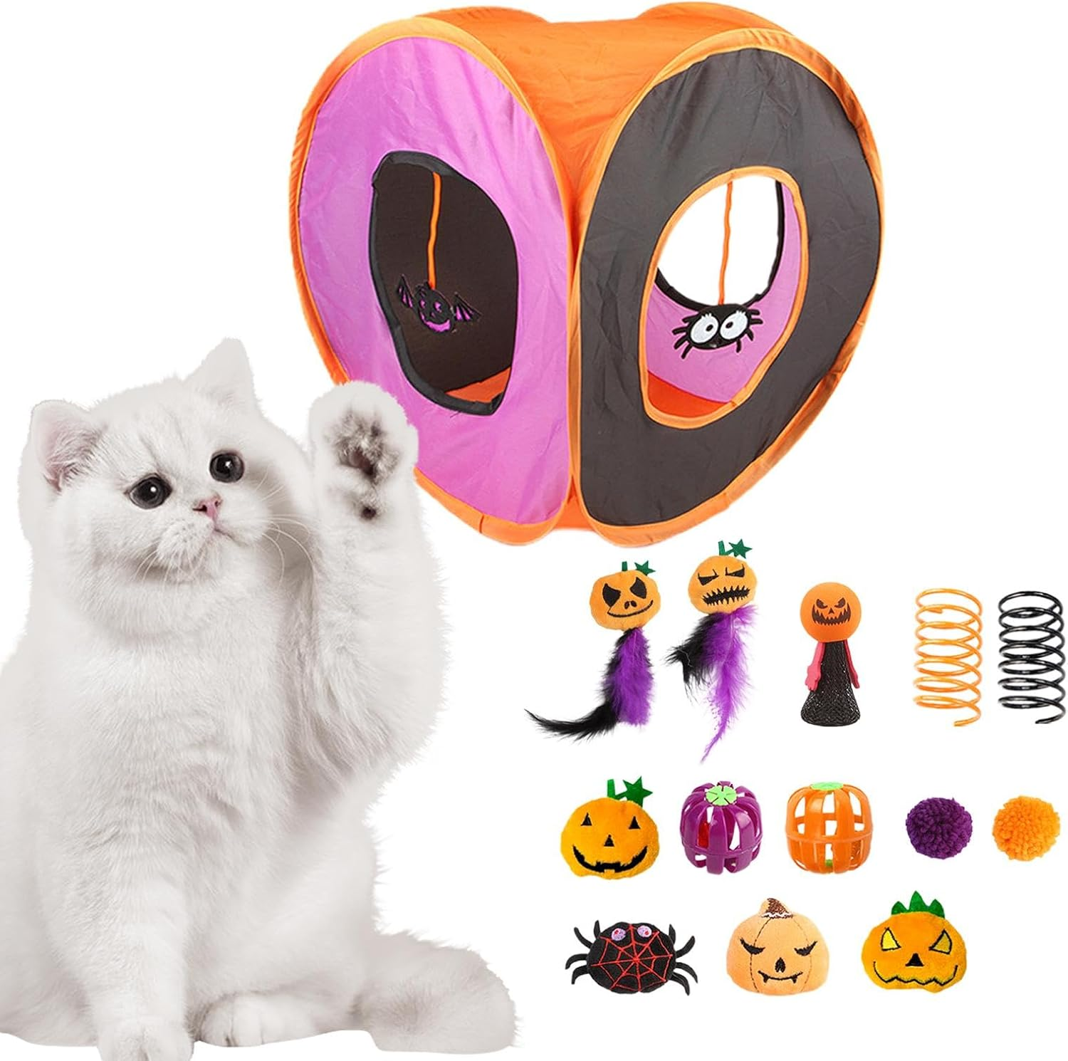 Cat Tunnel Toys Set,Cute Interactive Cat Toy Set | Halloween Cat Feather Wand Ball Spring Mice Toys, Folding Square Channel Kitten Starter Kit for Pets