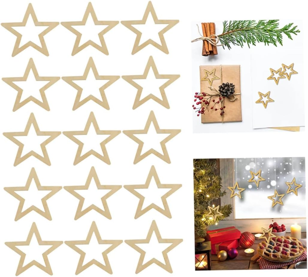 Wooden Stars Unfinished Hollow Natural Wood Slices DIY Craft Project Cutout Embellishments Wooden Hollow Star Crafts Accessories 50Mm 25PCS Home image number 6