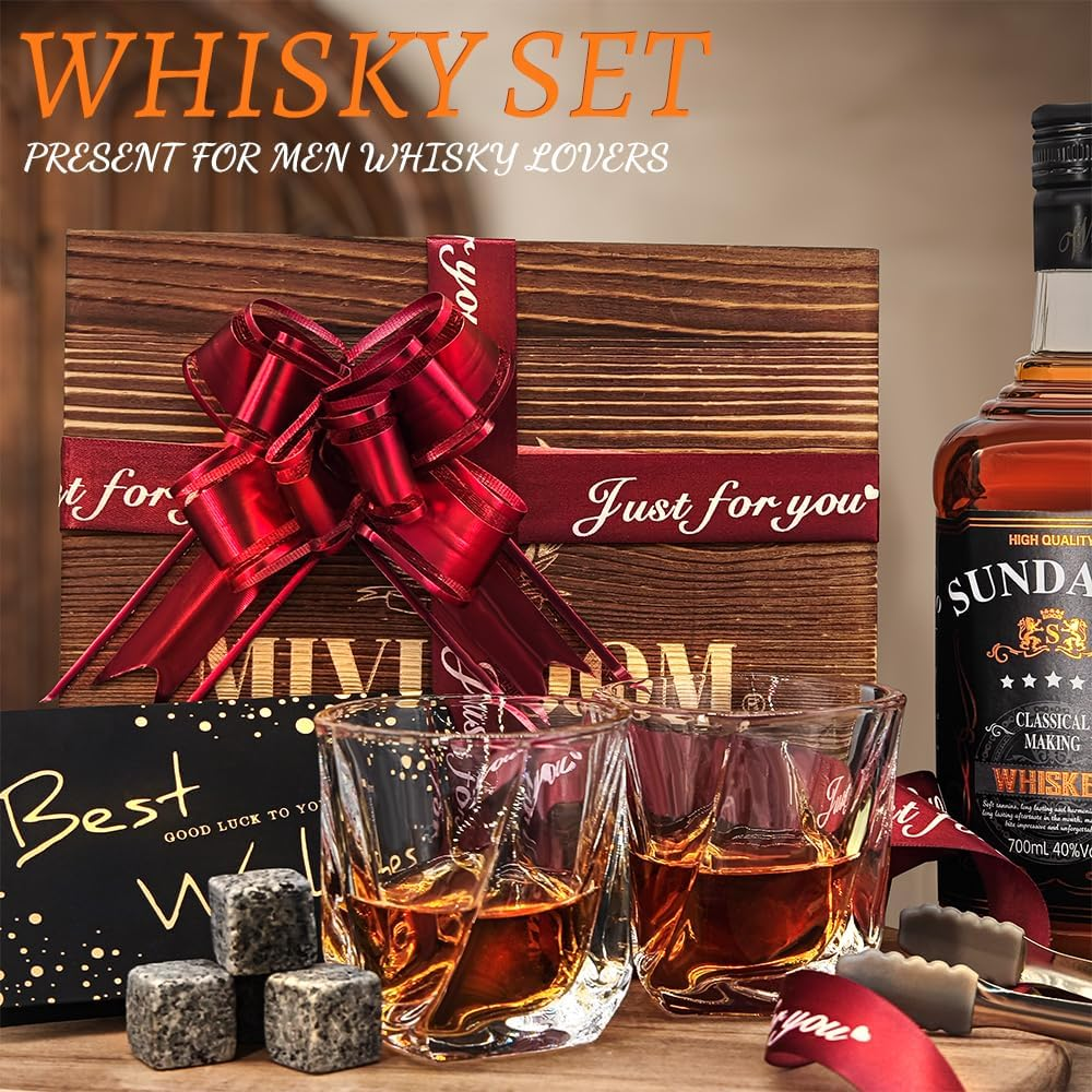 Whiskey Gift Set of 2 for Men, Bourbon Twisted Scotch Glass & Chilling Stones, Wood Box Gifts for Dad, Husband, Friends- - Gift Idea for Men Who Drink Whisky image number 1