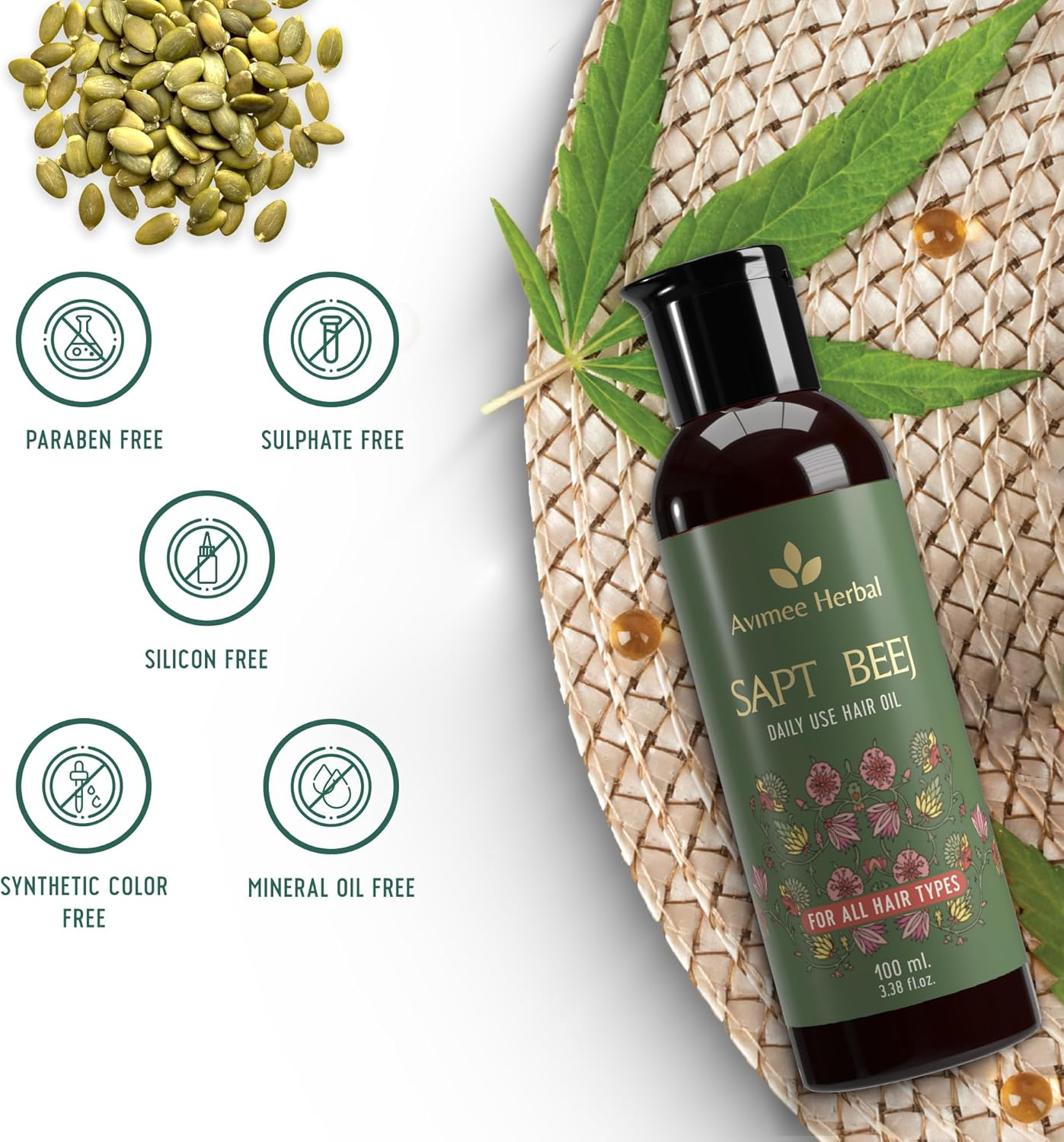 AVIMEE Herbalsapt Beej Hair Oil | Packed with Goodness of 7 Seeds in One | Your Daily Hair Oil | Non Greasy Non Oily | Mineral Oil Free | 100Ml image number 1