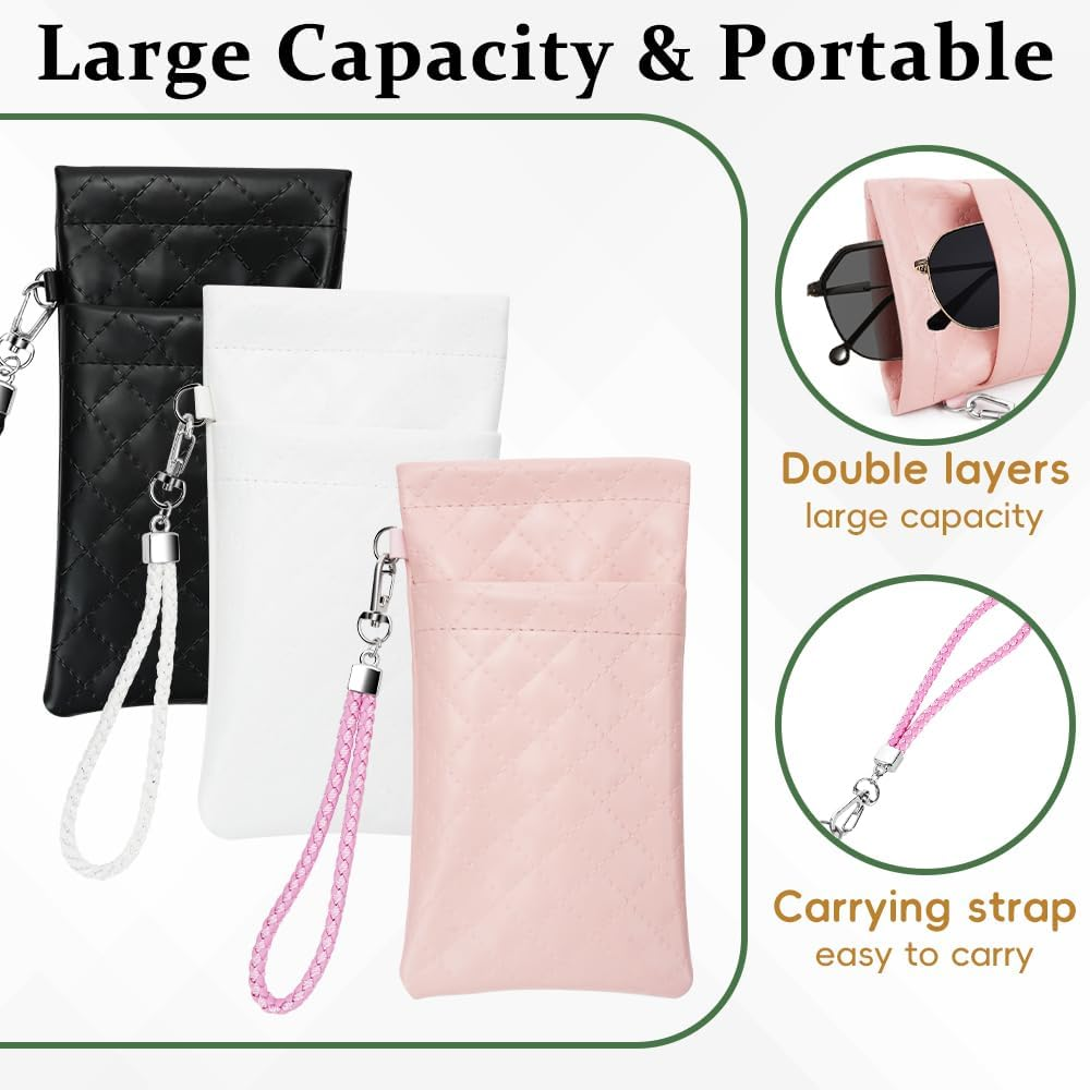 RETON 3 PCS Double Eyeglasses Case with Carrying Strap, Pink Black and White Color Sunglasses Pouch Soft Portable PU Leather Case for Women Men image number 1