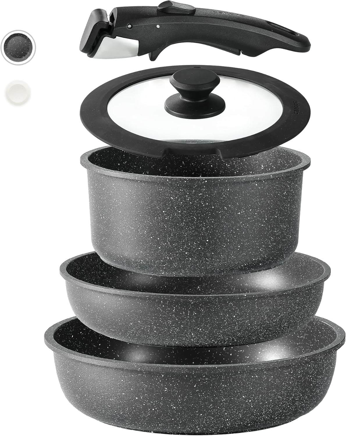 5 Pcs Pots and Pans Set Non Stick - Detachable Handle Cookware Set, Induction Nonstick Kitchen RV Cooking Set Removable Handle - Dishwasher ＆ Oven Safe ＆Heat Evenly for Better Cooking (Black)