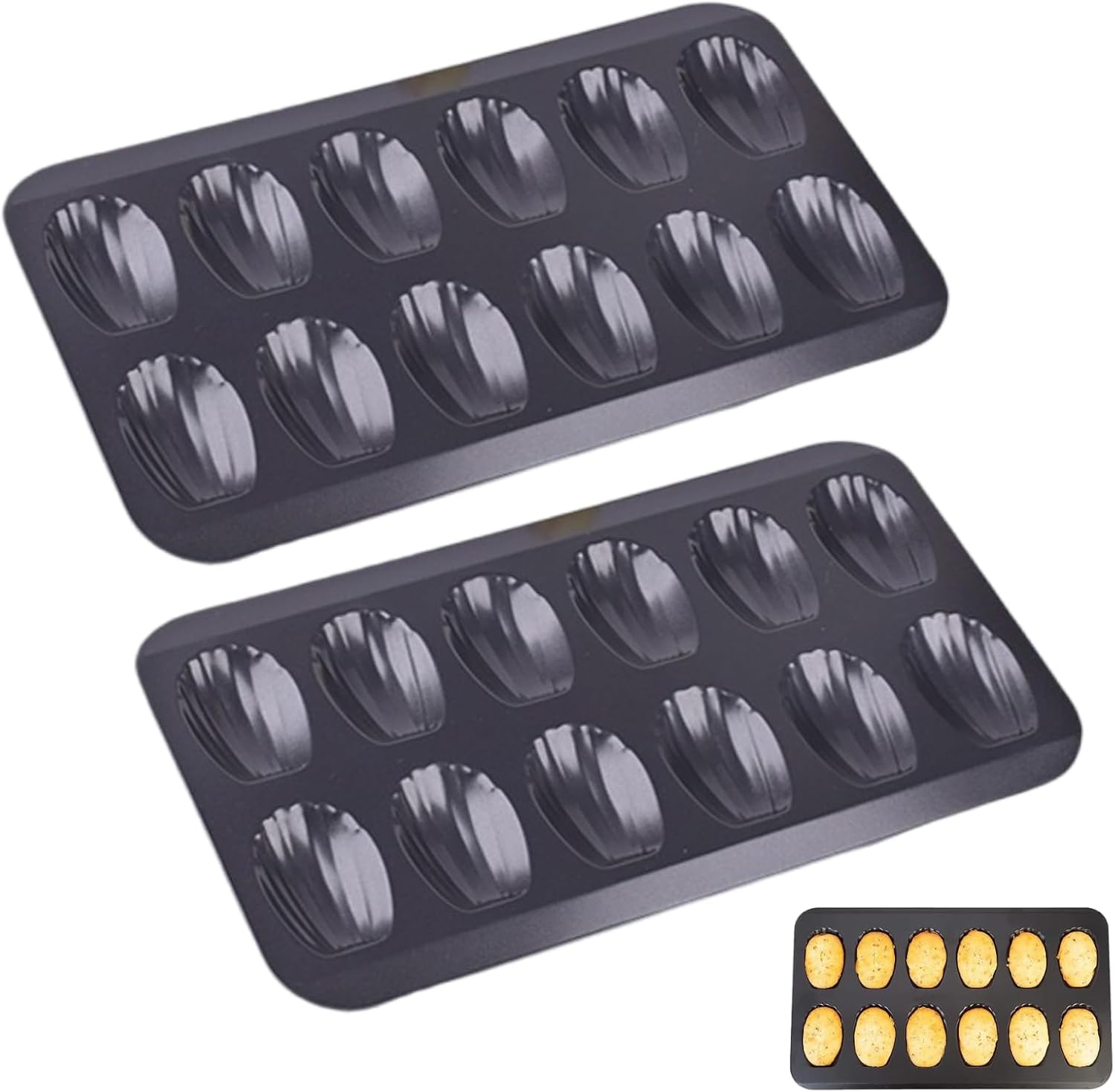 Kalione Nonstick Madeleine Pan 2 Pack 12-Cavity Heavy Duty Cookies Trays for Oven Baking, Warp Resistant Shell Shape Madeleine Mold Cake Pan, Black image number 2