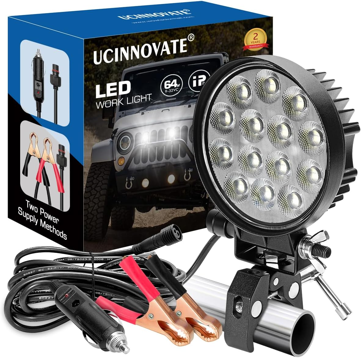 Portable LED Boat Spotlight with Mounting Clamp, 2 Way Power Super Bright LED Work Light 12V Marine Spot Lights for Boats Fishing, Battery Clamps/Cigarette Lighter Power Headlights for Camp Truck RV image number 3