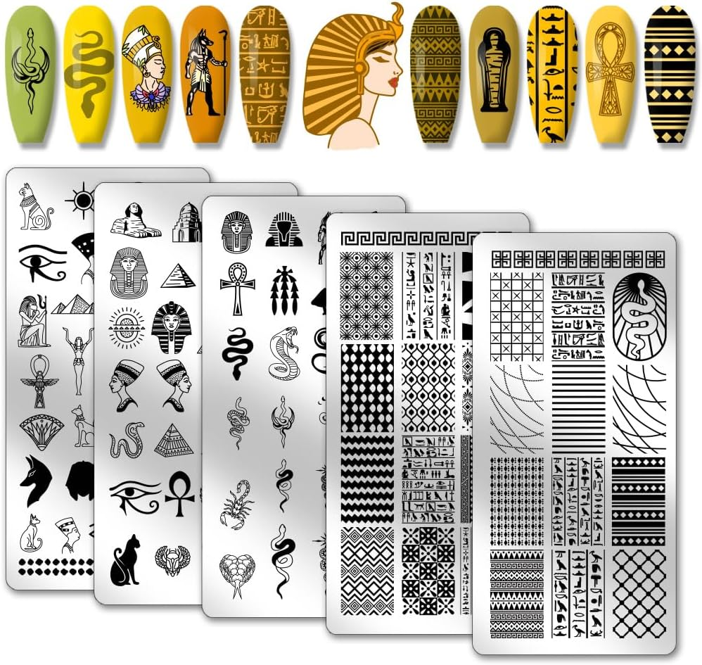 PH Pandahall 5Pcs Egyptian Elements Nail Stamping Plates, Pharaoh Mummy Nail Art Templates Snake Nail Art Stencil Stainless Steel Nail Image Plates for Women Nail Design Print Manicure Salon image number 4