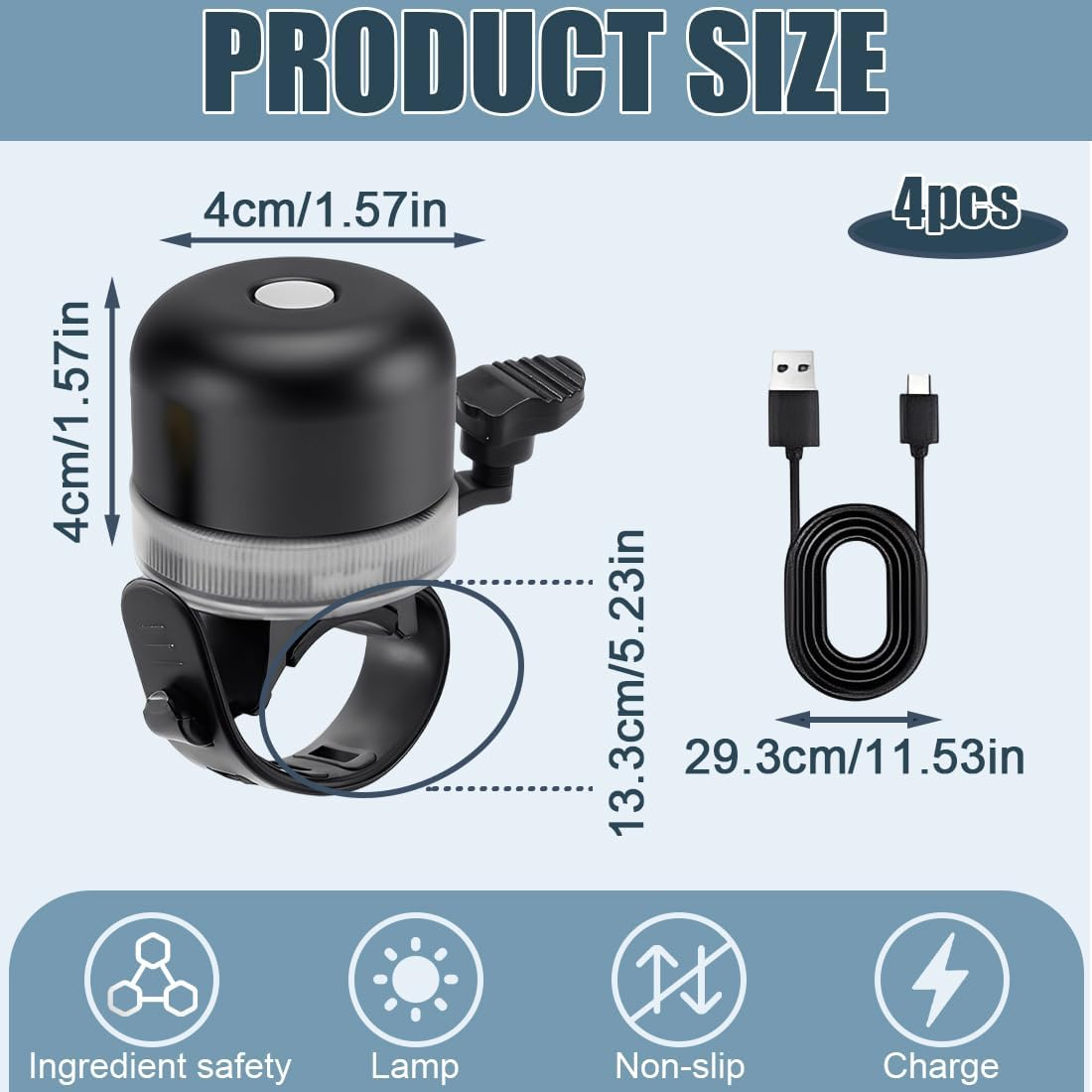 Tomedeks Pack of 2 Bicycle Bell with Lighting Black Bicycle Bell with 3 Adjustable Light Modes image number 4