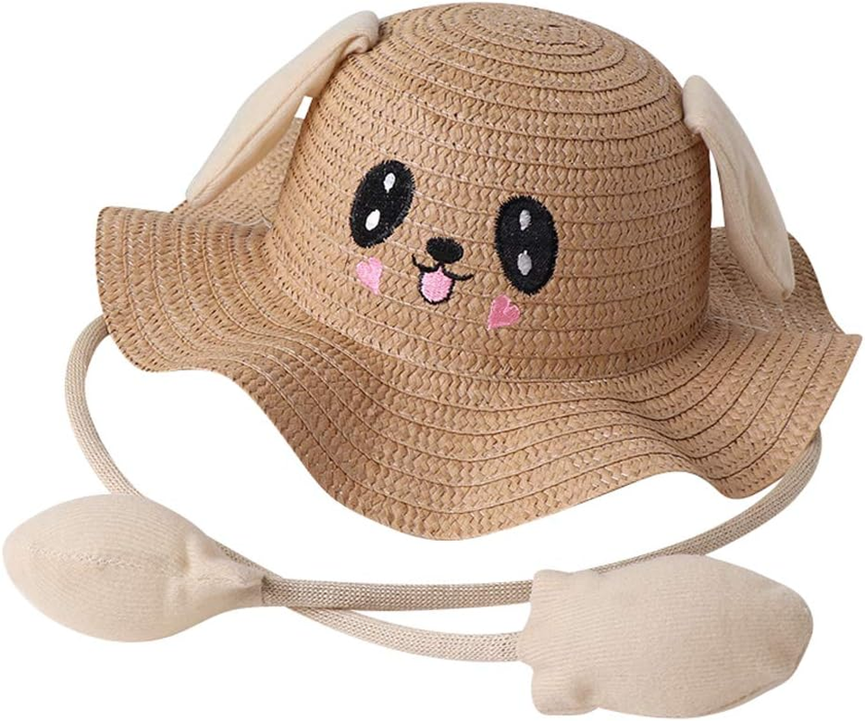 Haozaikeji Kids Straw Sun Hat Girls Breathable Wide Brim Summer Bucket Hat with Jumping Rabbit Ear Sun Protection Beach Hat for Travel & Outdoor Activities