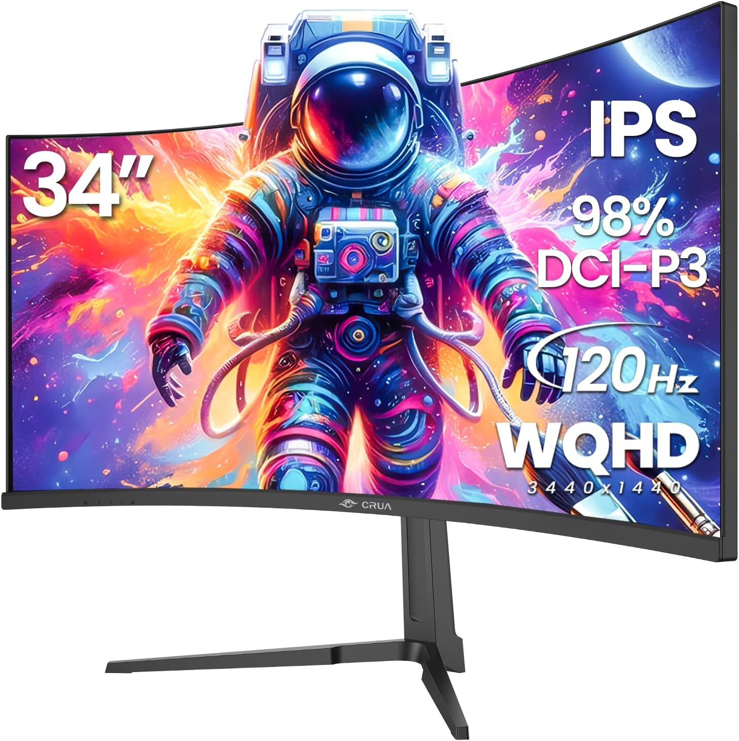 CRUA 34" Curved Gaming Monitor, WQHD(3440&times;1440), DCI-P3 98%, 1900R IPS Panel, 120Hz, 1Ms, HDR, Ambient Light, Gaming LED Light, Desk-Mounted(Hdmi 2.0/DP 1.4)- Black