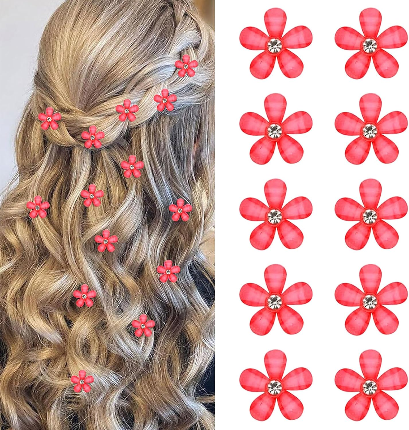 Mezrkuwr 10Pcs Red Mini Flower Hair Clips with Rhinestones, Cute Hair Clips, Flower Hair Pins, Decorative Hair Clips, Wedding Hair Clips, Flower Hair Accessories image number 1