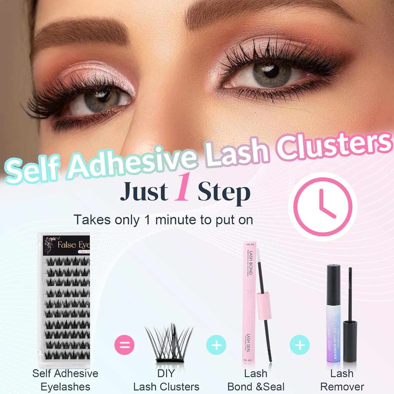 Self Adhesive Eyelashes Natural Look Wispy Pre Glued Lash Clusters No Glue Needed Press on Lashes Adhesive Clusters Easy to Apply 11-13MM Adhesive Eyelashes with Lash Tweezers 100Pcs image number 1