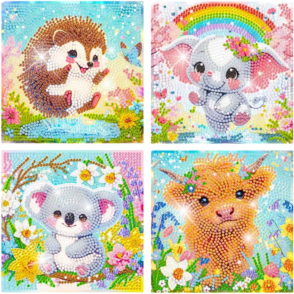 AOSGEDY 4 Pieces Cartoon Diamond Art Kits for Kids, Cute Animals DIY Diamond Art Painting for Adults Beginner, Kids' Mosaic Kits 5D Full round Drill Gem Art for Home Wall Decor Kids 6X6 Inch