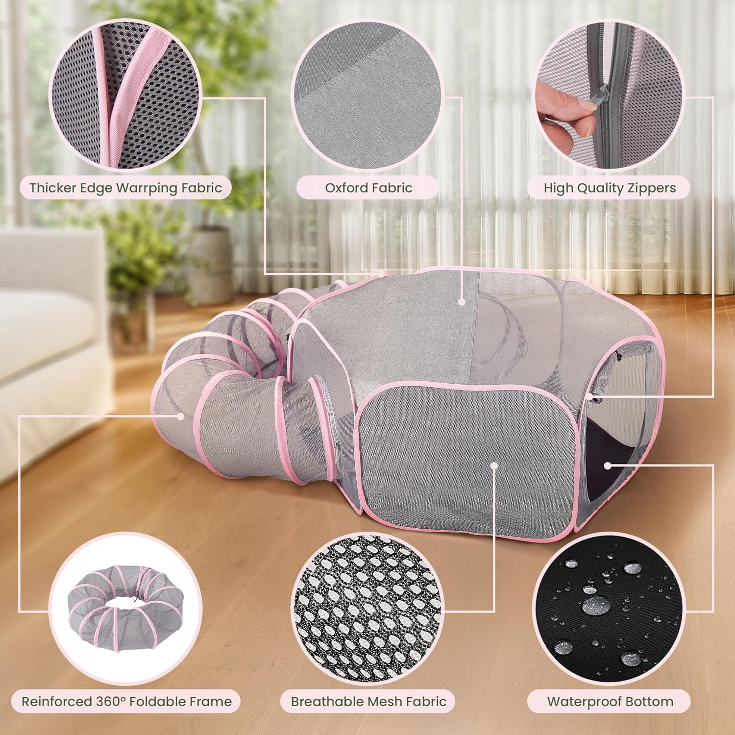 X-ZONE PET Outdoor Cat Enclosure, Portable Catio Playground, Enclosed Tent Playpen Tunnel for Indoor Cats & Small Animals, with Bag Storage 45 Inch Pink image number 3