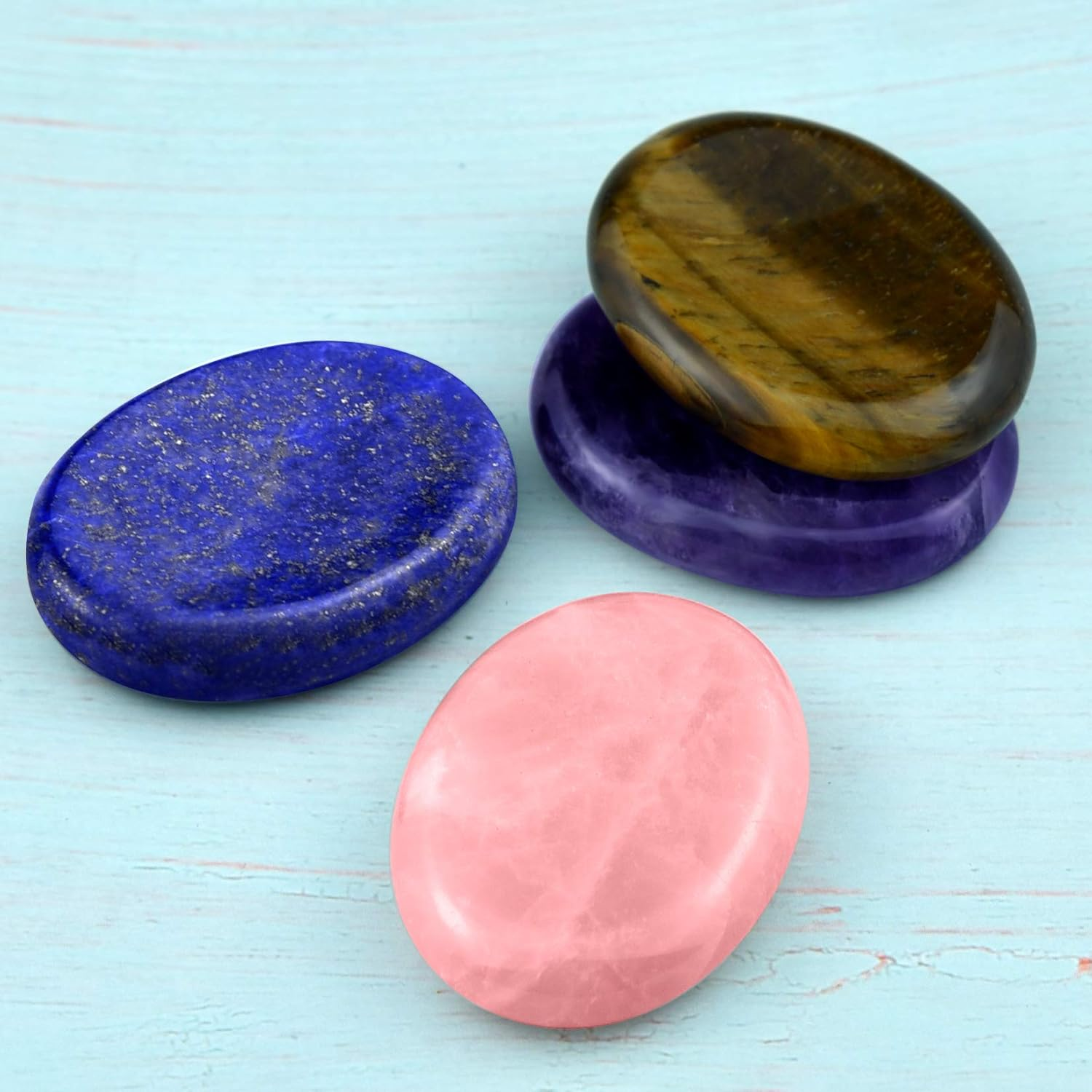 Marrywindix 4 Packs Natural Thumb Worry Stone Set Pink Crystal Amethyst Tiger Eye Lapis Lazuli for Anxiety Stress Relief Meditation Crystal Therapy image number 3