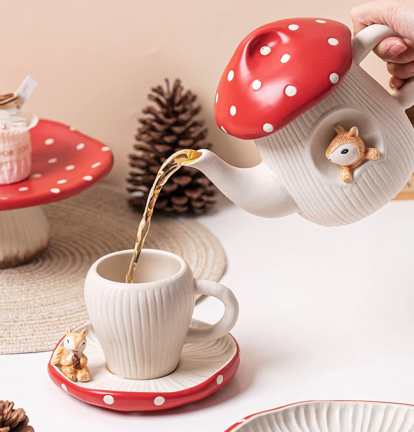 RESVUGA Cute Mushroom Teapot, Handmade Glaze Polka Dot Lid, Safety Matt Ceramic Tea Pot, with Squirrel Decoration. 23 Oz / 680 Ml. Best Gifts for Women & Girls. image number 5