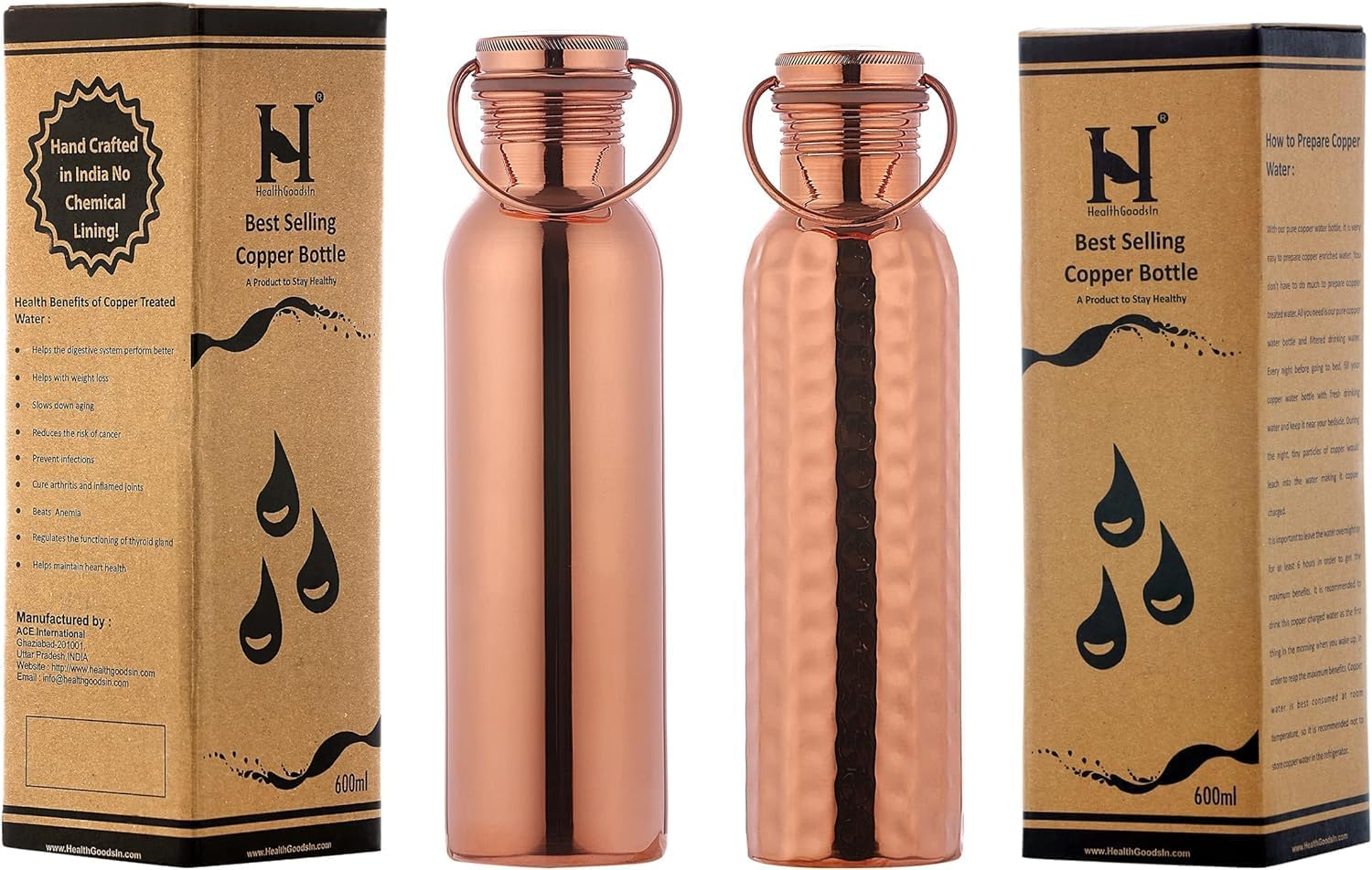 Healthgoodsau - Set of Hammered and Plain Copper Water Bottle with Handle | Leak-Proof Seamless Water Bottle Set 600 Ml (20.28 Fluid Ounce) image number 1