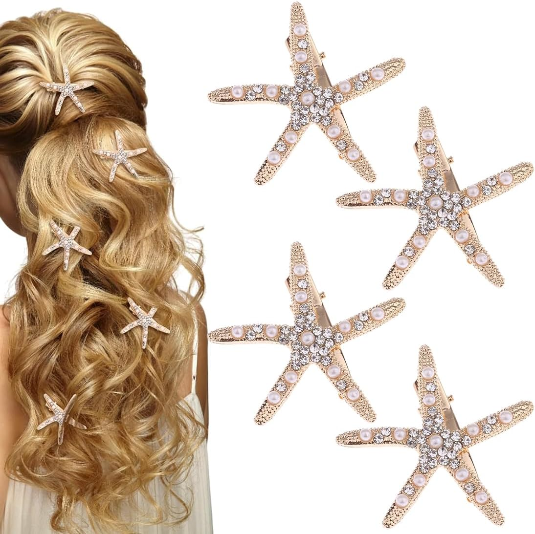 MIRKUZI Hair Clips 4 Pack Starfish Hair Pins Metal Starfish Hairpins Star Shaped Hair Pins Hair Accessories for Women and Girls, Starfish Shell Hairpins image number 1