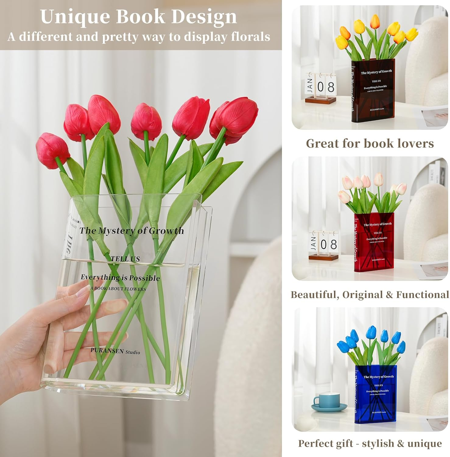Puransen Book Vase for Flowers Aesthetic Room Decor, Artistic and Cultural Flavor Decorative Acrylic Vase, Unique Home/Bedroom/Office Accent, a Book about Flowers (Clear Color) image number 3