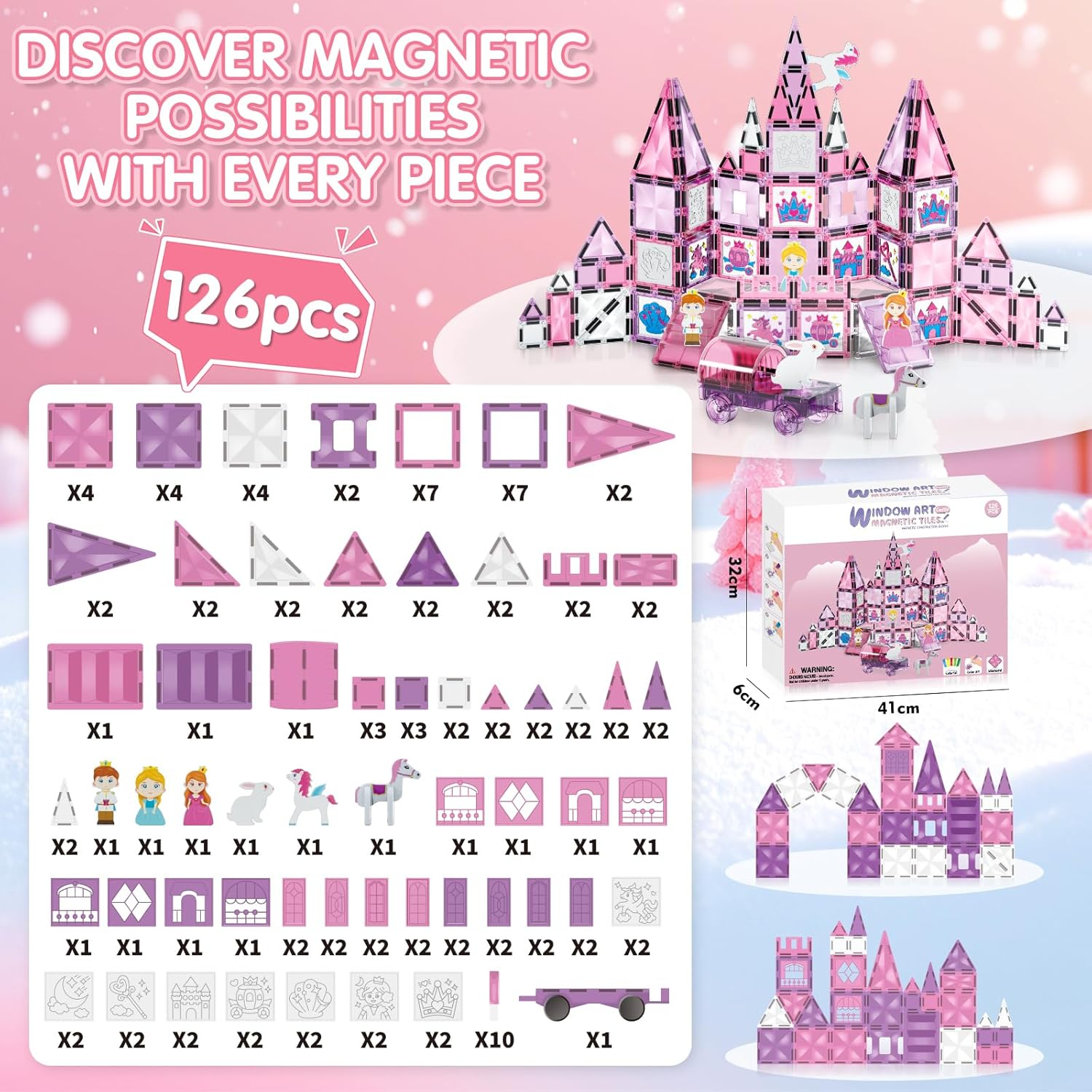 126PCS Magnetic Tiles, Pink Princess Castle Magnetic Tiles Building Blocks, Diamond Magnetic Building Blocks Toys Gifts for Kids Boys Girls 3 4 5 6 7 8 9 10 + Year Old