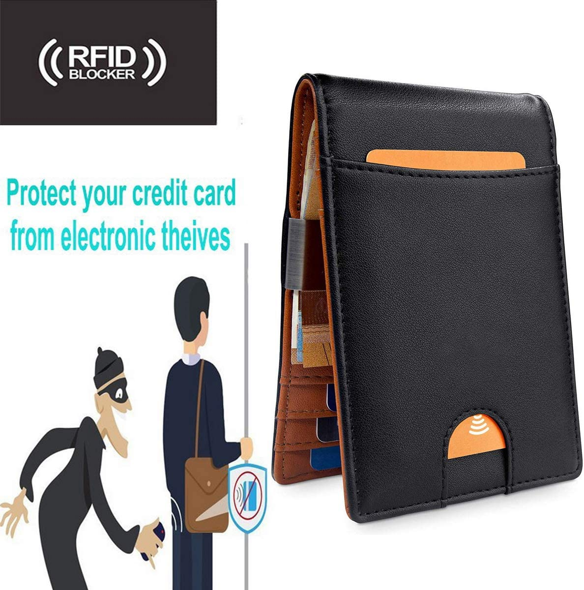 Wallets Mens RFID Blocking with Money Clip, Bi-Fold Slim Leather Men Wallet Credit Card Holder image number 5