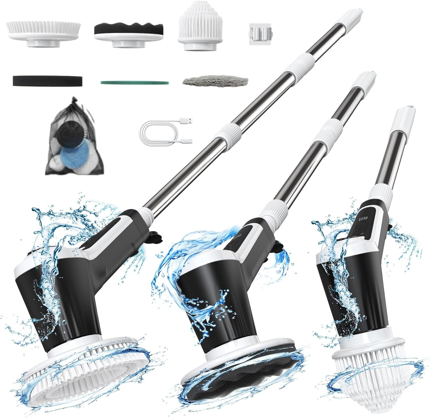 Minthouz Electric Spin Scrubber, Grout Cleaner Brush with 2 Speeds &6 Replaceable Brush Heads,Ip68 Waterproof,Battery Display,Adjustable Extension Handle for Bathroom Kitchen Tile Floor Tub[Black]