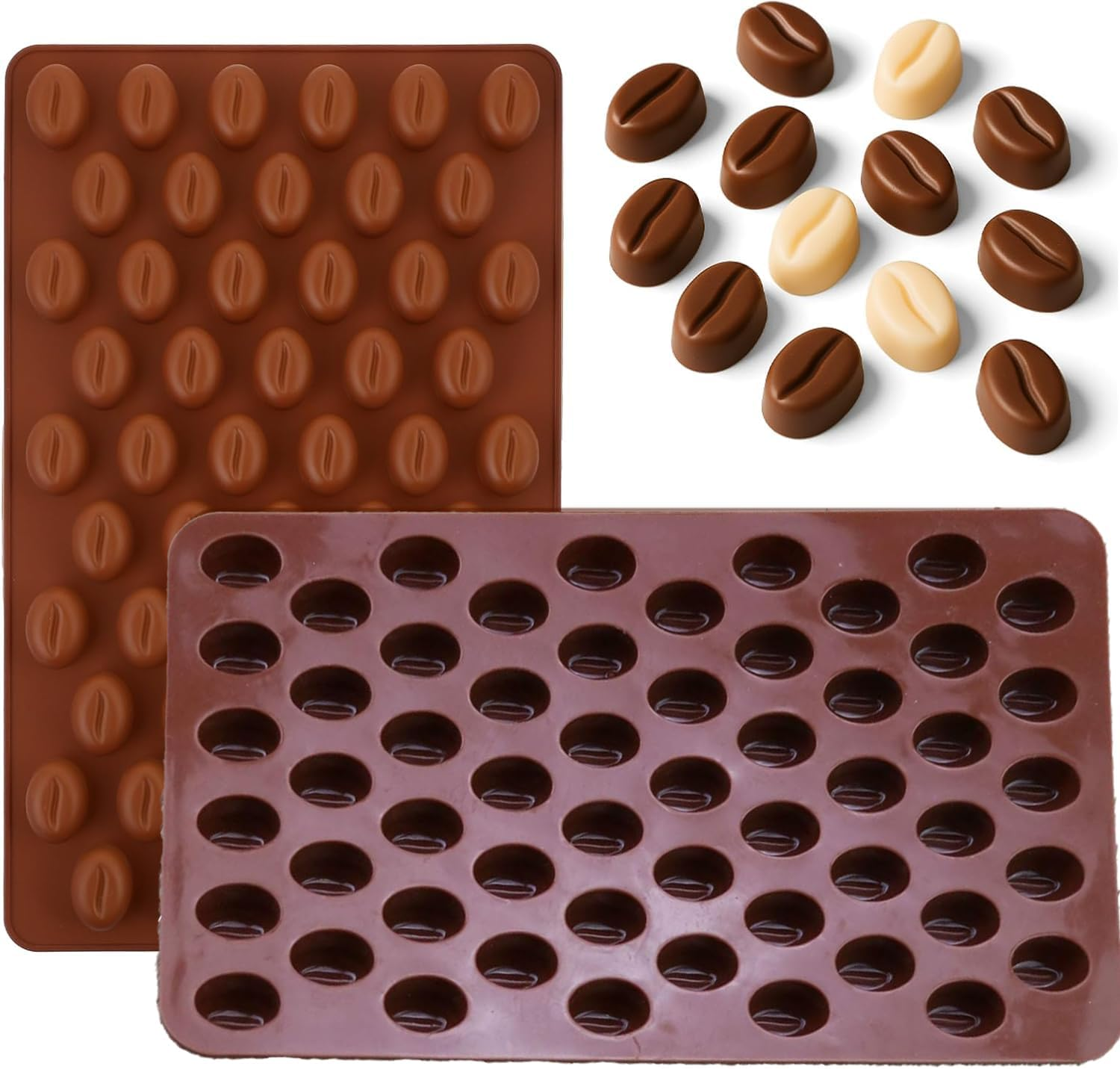 2 PCS 55 Cavity Mini Coffee Beans, Chocolate Sugar Candy Molds, Coffee Bean Shaped Candy Molds, Food Grade Mini Silicone Mold for Cake Decoration Bakeware Mould image number 4