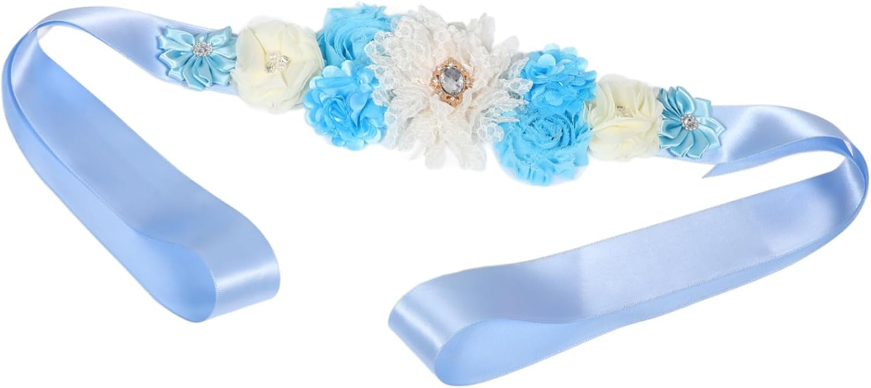 Pregnancy Sash Maternity Flower Belt Belly Band Sky Blue Adjustable Belly Band Adorned Flowers and Rhinestones for Maternity Shoot Baby Shower Photos image number 3