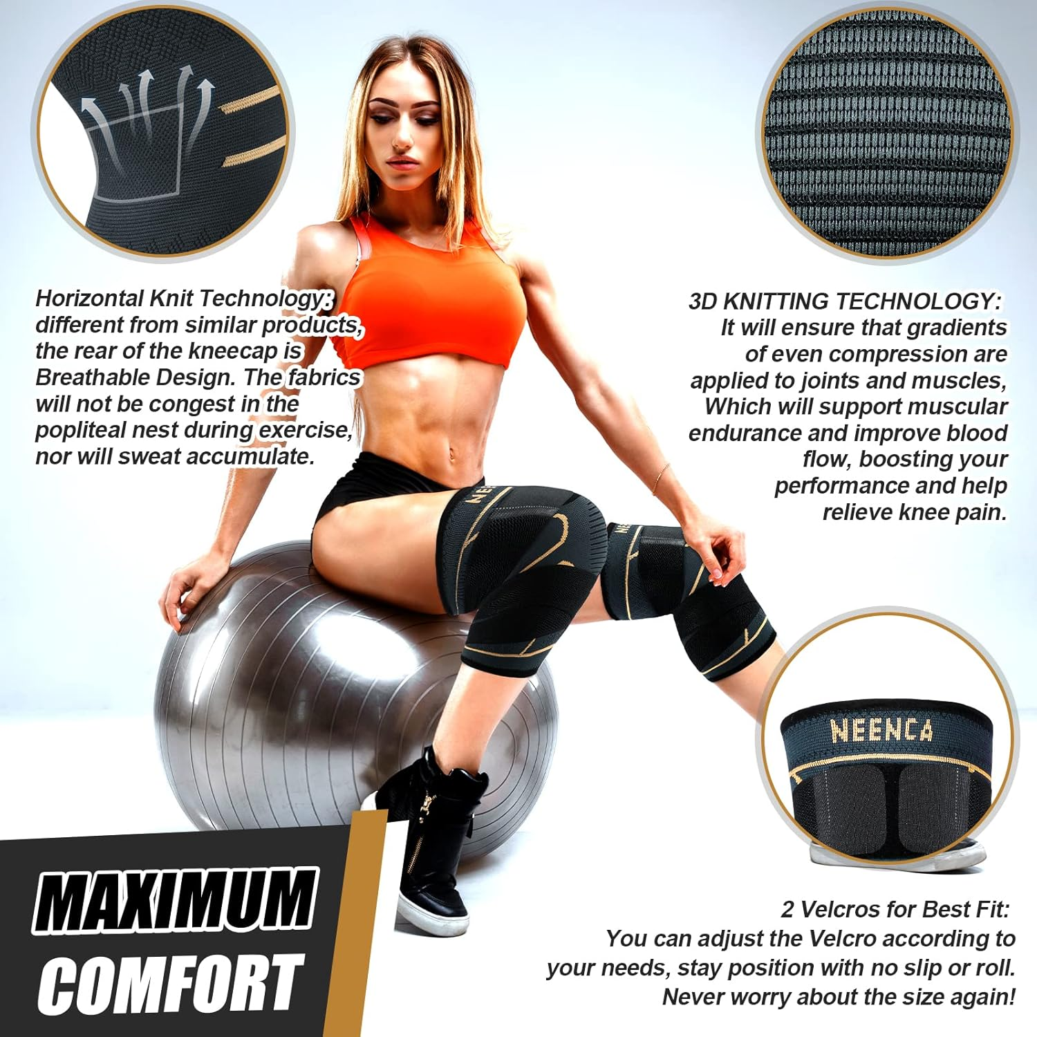 NEENCA Knee Braces for Knee Pain- 2 Pack Knee Sleeves for Pain Relief Set, Knee Compression Sleeves with Adjustable Straps for Best Fit, for Sports, Runner, Meniscus Tear, ACL, Arthritis, Joint Pain image number 4