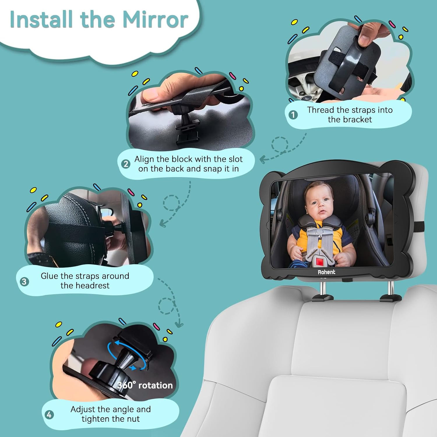 Baby Car Mirror for Rear-Facing Car Seat - Shatterproof, 360&deg; Adjustable, Wide Angle, Clear View, Easy Installation, Safe Acrylic - Ideal for New Parents & Baby Safety