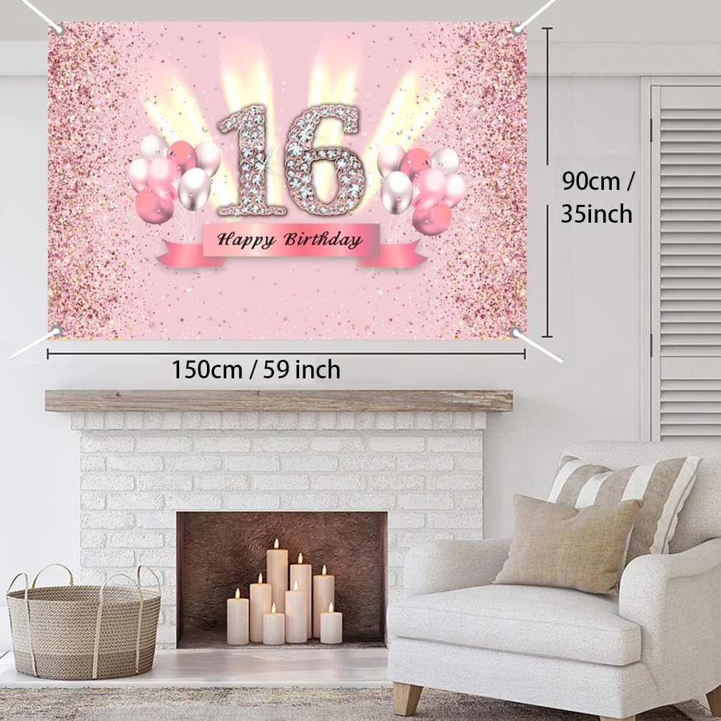16Th Birthday Decorations for Girls, Backdrop Banner Party Deco Girl 16 Years Old Anniversary Party Fabric Sign Poster Pink Photo Background 16Th Birthday Party Supplies, 59"X35.4" image number 5